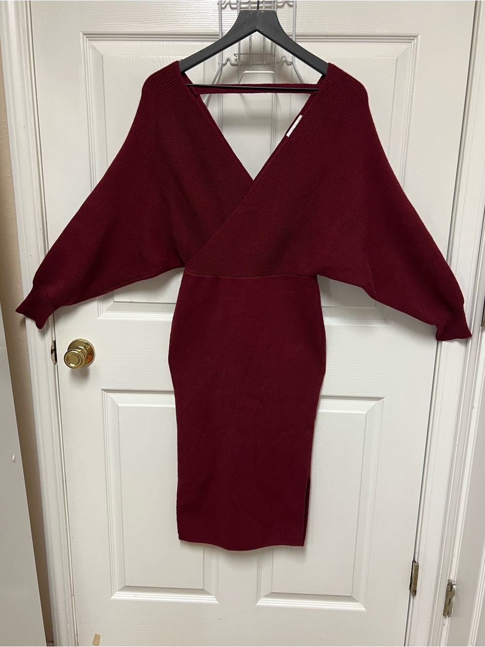 Bluivy Young Contemporary Deep Burgundy Knit Wrap Midi Dress